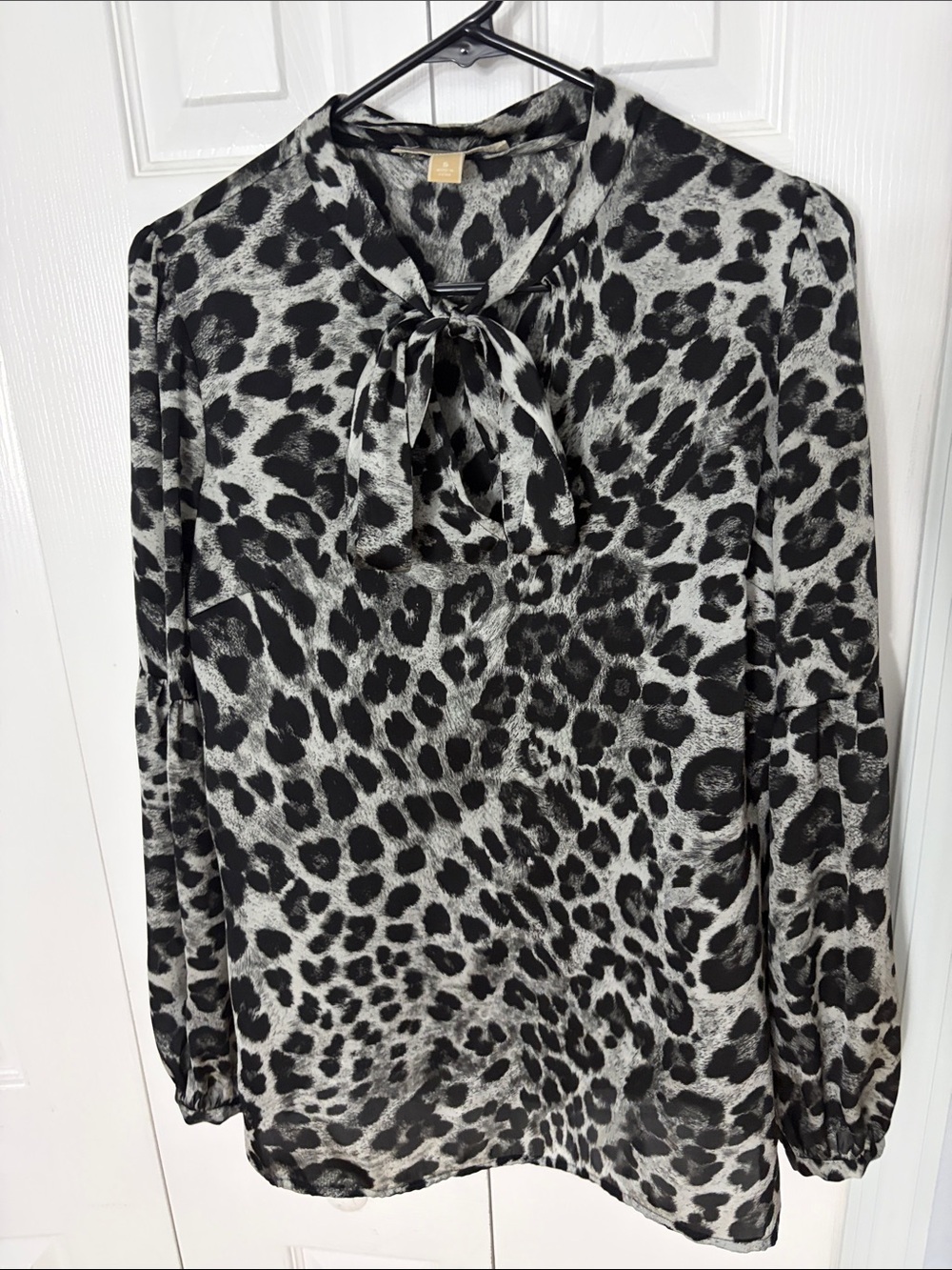 Michael Kors Black and White Leopard-Print Tie-Neck Blouse